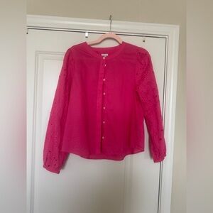 Bright Fuchsia Eyelet Long-Sleeve Button-Down Blouse
